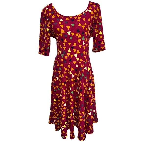 LuLaRoe Nicole Dress 2XL Maroon Geometric Fit Flare Stretch Casual Skater - Picture 2 of 9